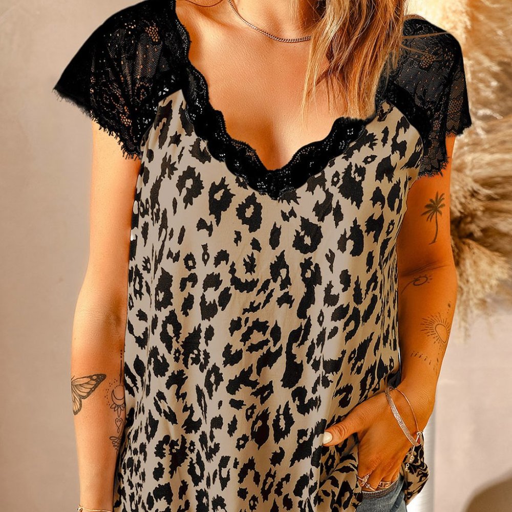 Cheetah Print Eyelash Lace Vneck Shirt